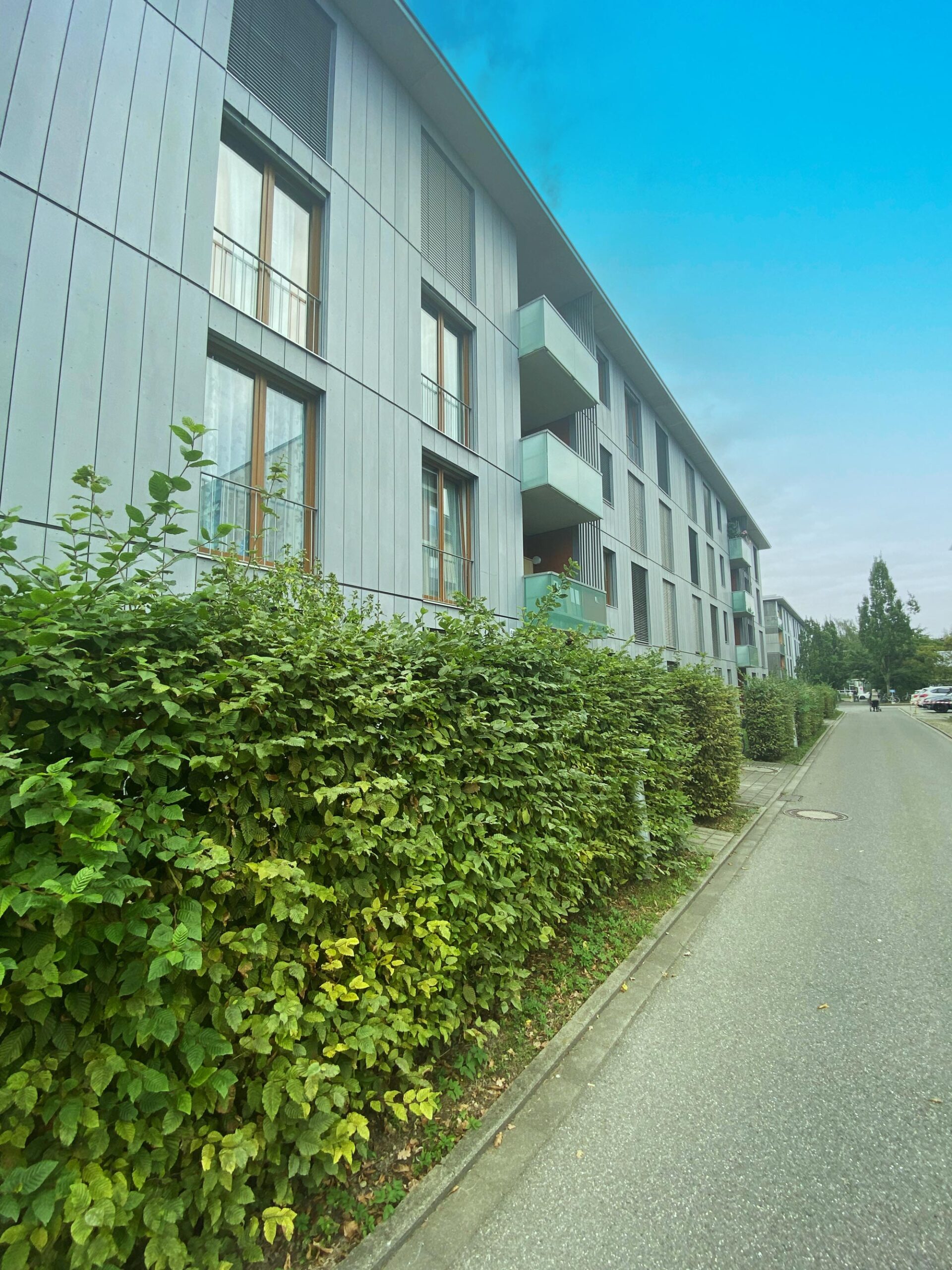 Moderne Wohnanlage mit mehreren Etagen, Balkonen und großen Fenstern, an einer ruhigen Straße mit Hecke im Vordergrund.