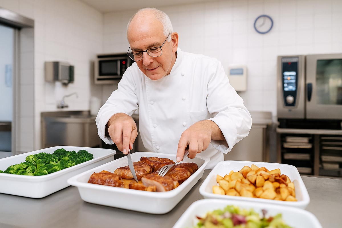 Ein älterer Koch mit Brille und weißer Kochjacke richtet in einer Großküche frisch zubereitete Speisen an. Vor ihm stehen weiße Schalen mit Brokkoli, Bratfleisch, Kartoffeln und Salat auf einer Edelstahl-Arbeitsfläche. Im Hintergrund sind Küchengeräte und ein Ofen zu sehen.