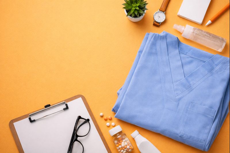 Eine Draufsicht auf verschiedene Gegenstände aus dem Pflegealltag auf einem warmen, gelb-orangen Hintergrund. Im Zentrum liegt ein ordentlich gefalteter, hellblauer Kasack. Drumherum sind ein Klemmbrett mit Brille, eine kleine grüne Pflanze, eine Armbanduhr, Notizblock mit Stift, eine Flasche Händedesinfektionsmittel sowie eine geöffnete Tablettendose mit verstreuten Pillen angeordnet.